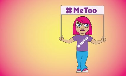 Cartoon girl holding sign saying #metoo