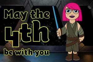 Image from space with a cartooned mini me dressed as Rey and the text May the fourth be with you